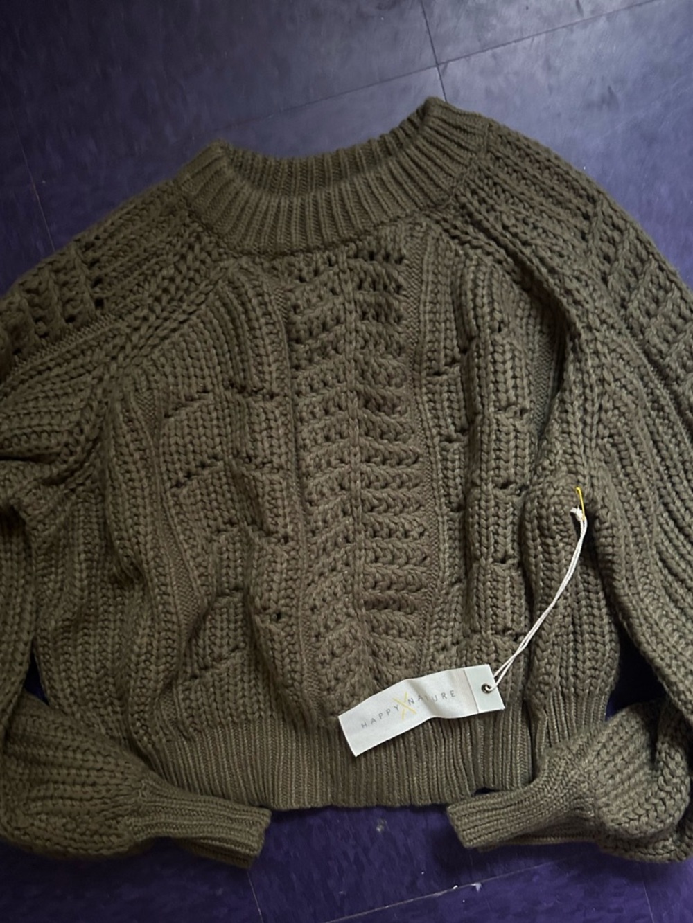 Happy X Nature Olive Cable-Knit Crewneck Sweater